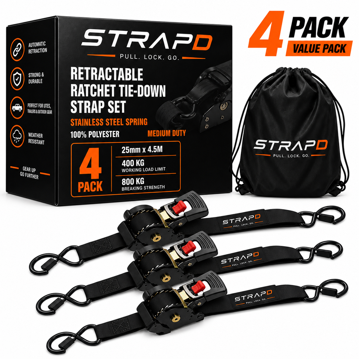STRAPD Auto Retractable Ratchet Straps