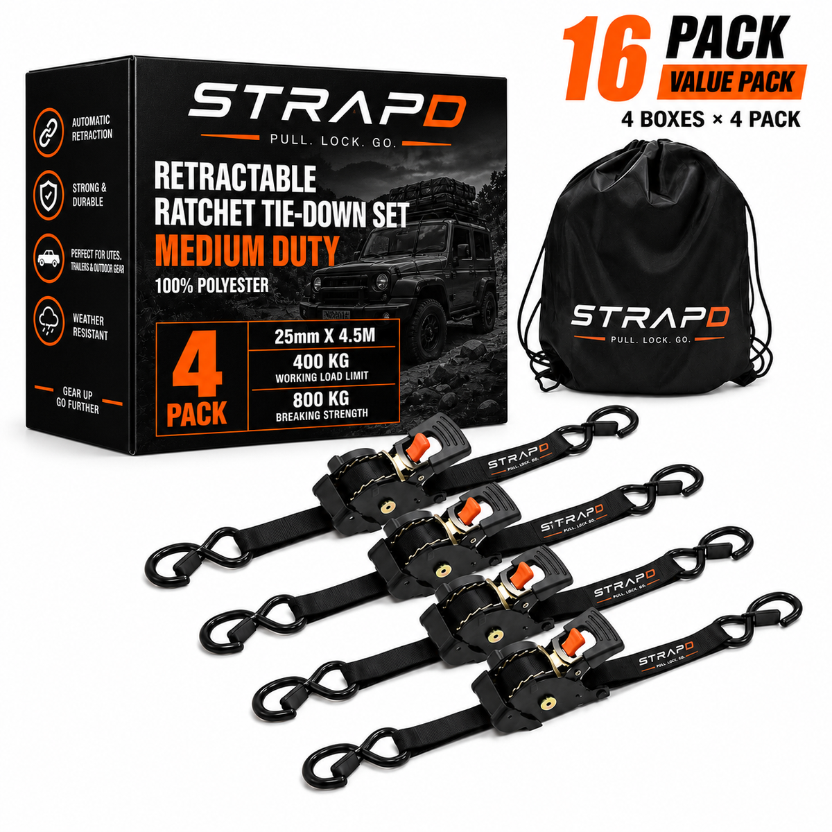 STRAPD Auto Retractable Ratchet Straps