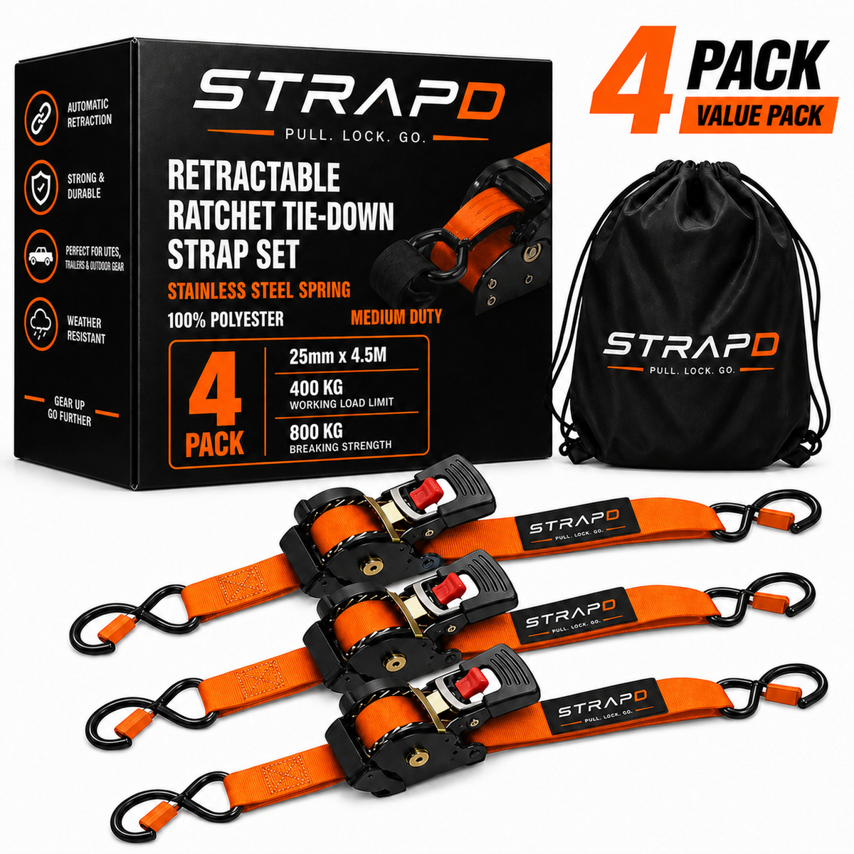 STRAPD Auto Retractable Ratchet Straps