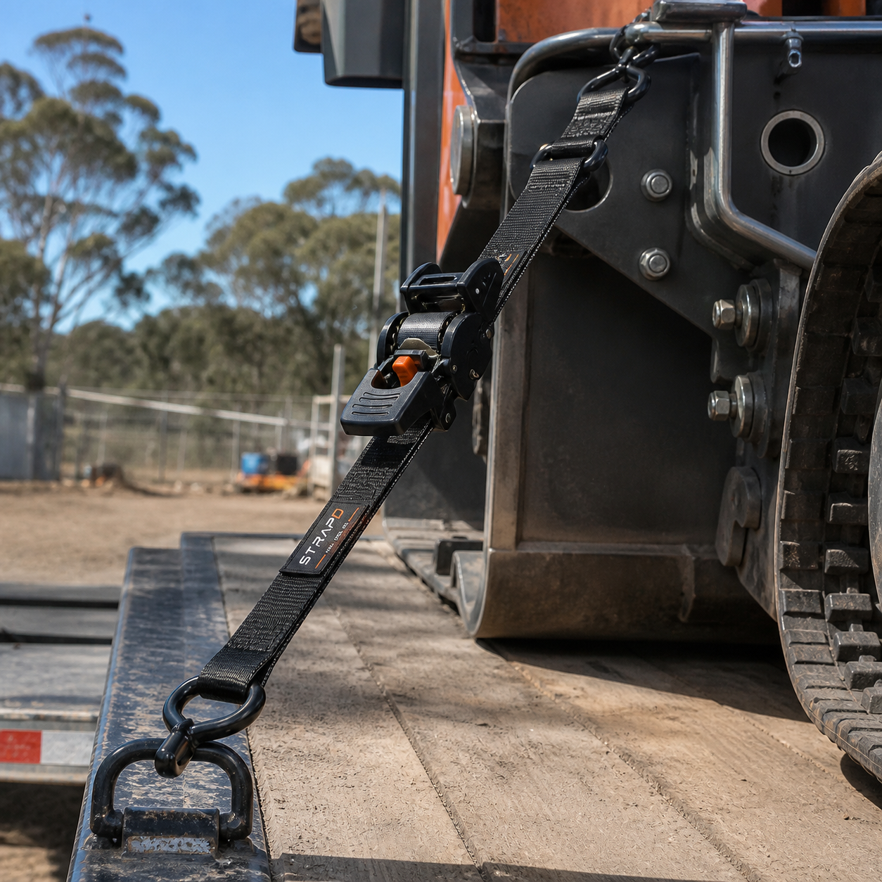 Machinery secured to a trailer with STRAPD heavy-duty straps